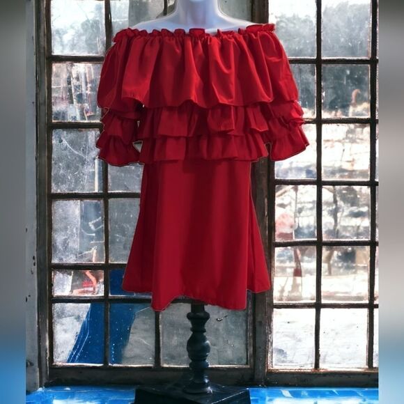 Boohoo  Red Ruffle Tiered Dress Size 6 - Picture 1 of 7